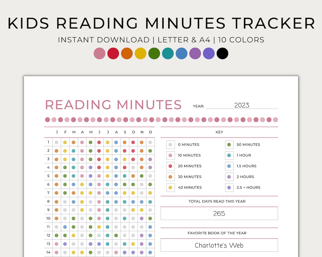 Kids Reading Minutes Tracker, Printable, Minimal, Kids Reading Log