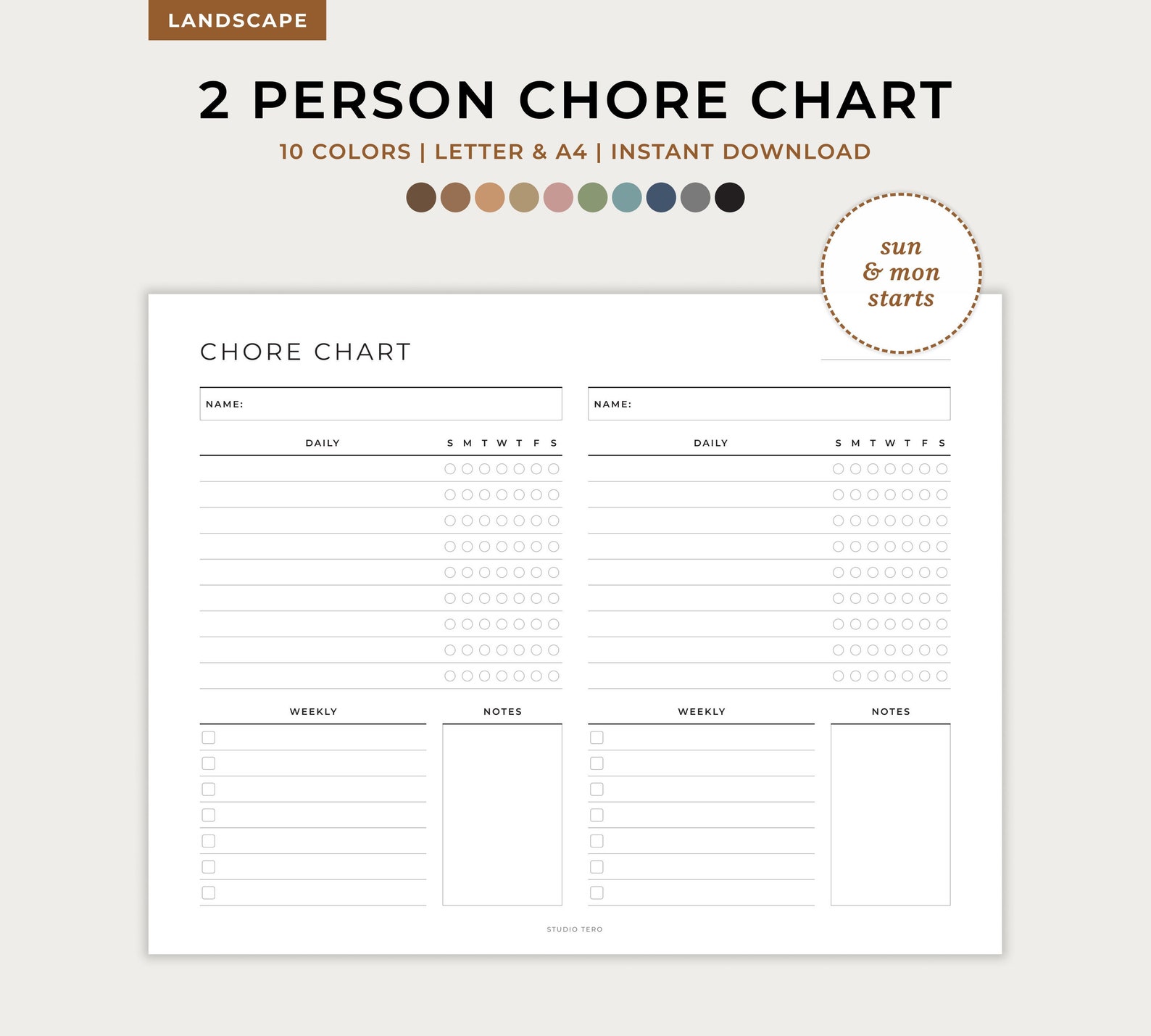 2 Person Chore Chart for 2 Kids or Adults, Printable Template, Weekly