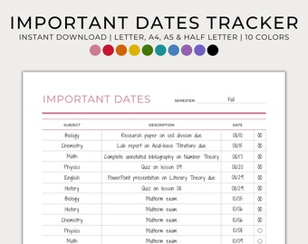 assignment deadline tracker Important Dates Tracker, Printable, Minimal, Students, Dates Log, Exam Dates, School Assignments, Letter, A4, A5, Half Letter