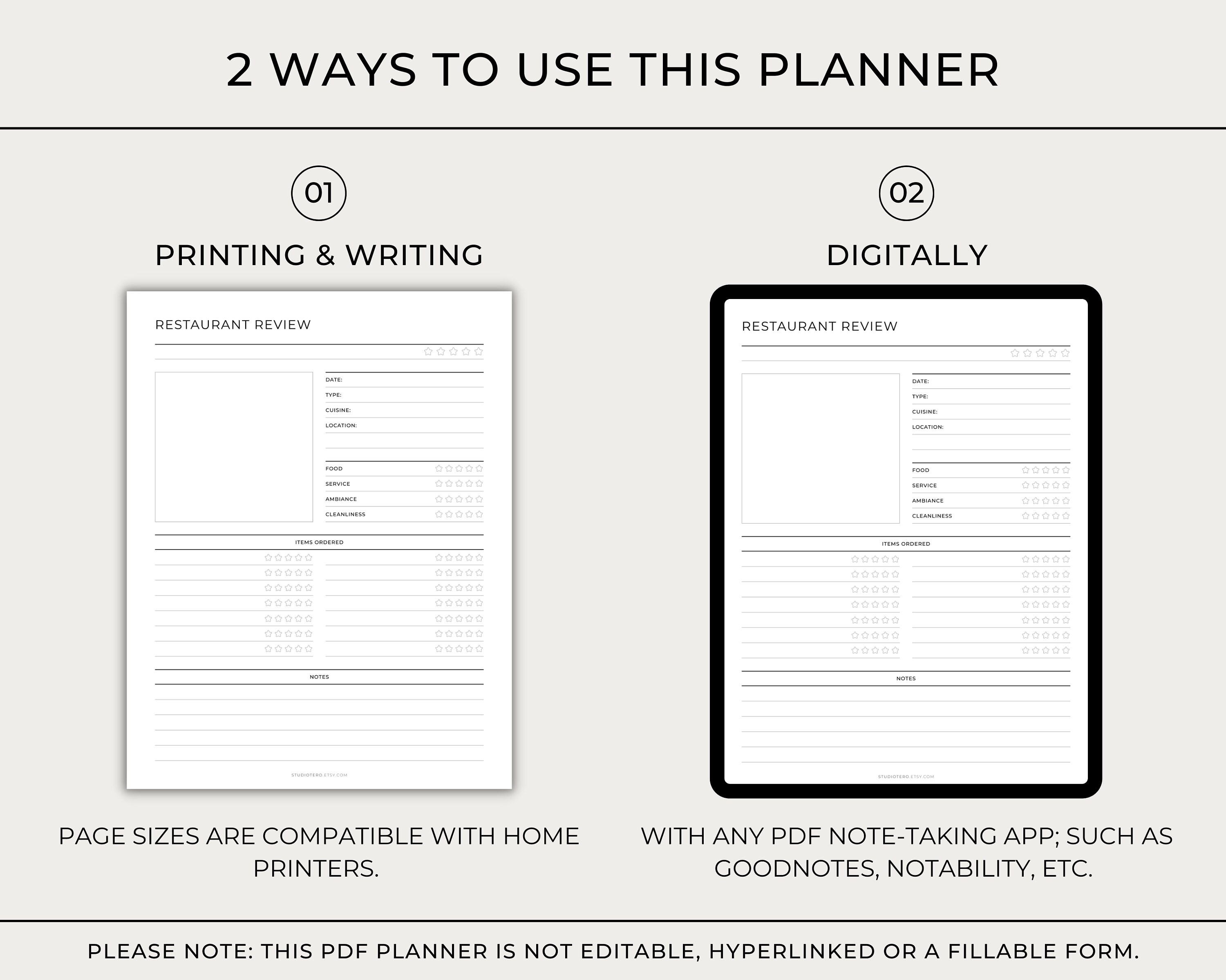 Restaurant Review Sheet, Printable, Minimal, Menu Planner, Recipe ...
