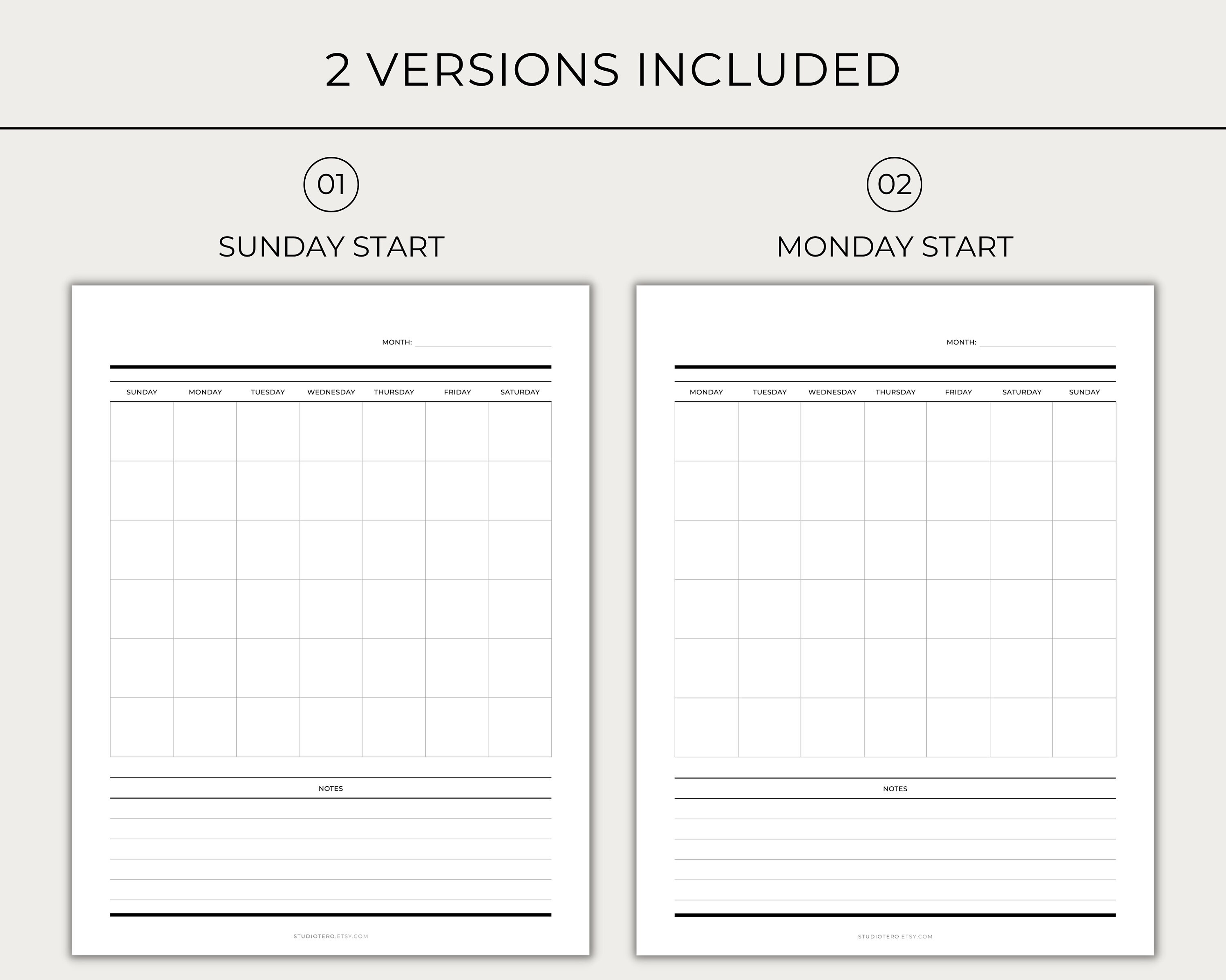 Blank Monthly Calendar, Printable, Undated Calendar, Minimal ...