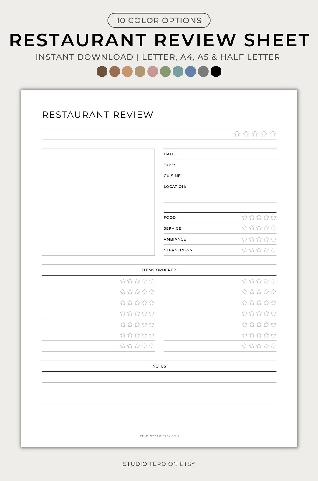 Restaurant Review Sheet, Printable, Minimal, Menu Planner, Recipe ...