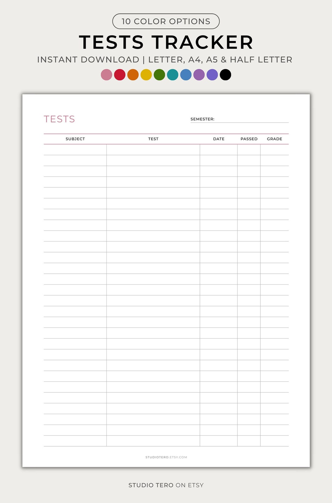 Tests Tracker, Printable, Minimal, Exams Tracker, Study Planner, Exam ...