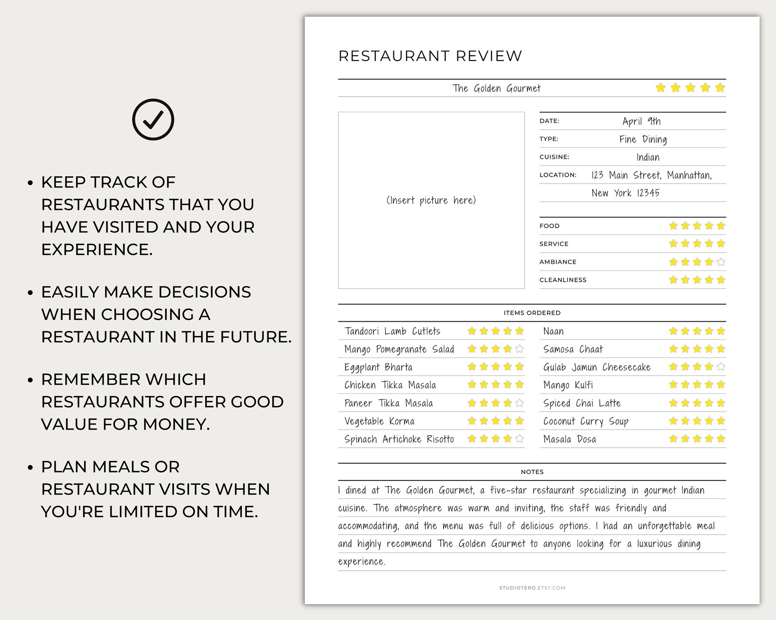 Restaurant Review Sheet, Printable, Minimal, Menu Planner, Recipe Restaurant Review Sheet, Printable, Minimal, Menu Planner, Recipe