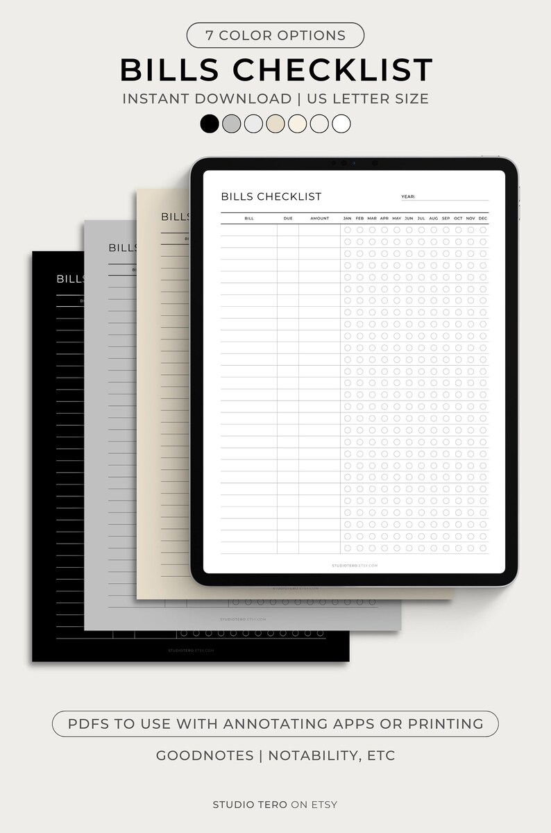 Bills Checklist, Printable, Minimal, Monthly Bill Payment Tracker, Bill