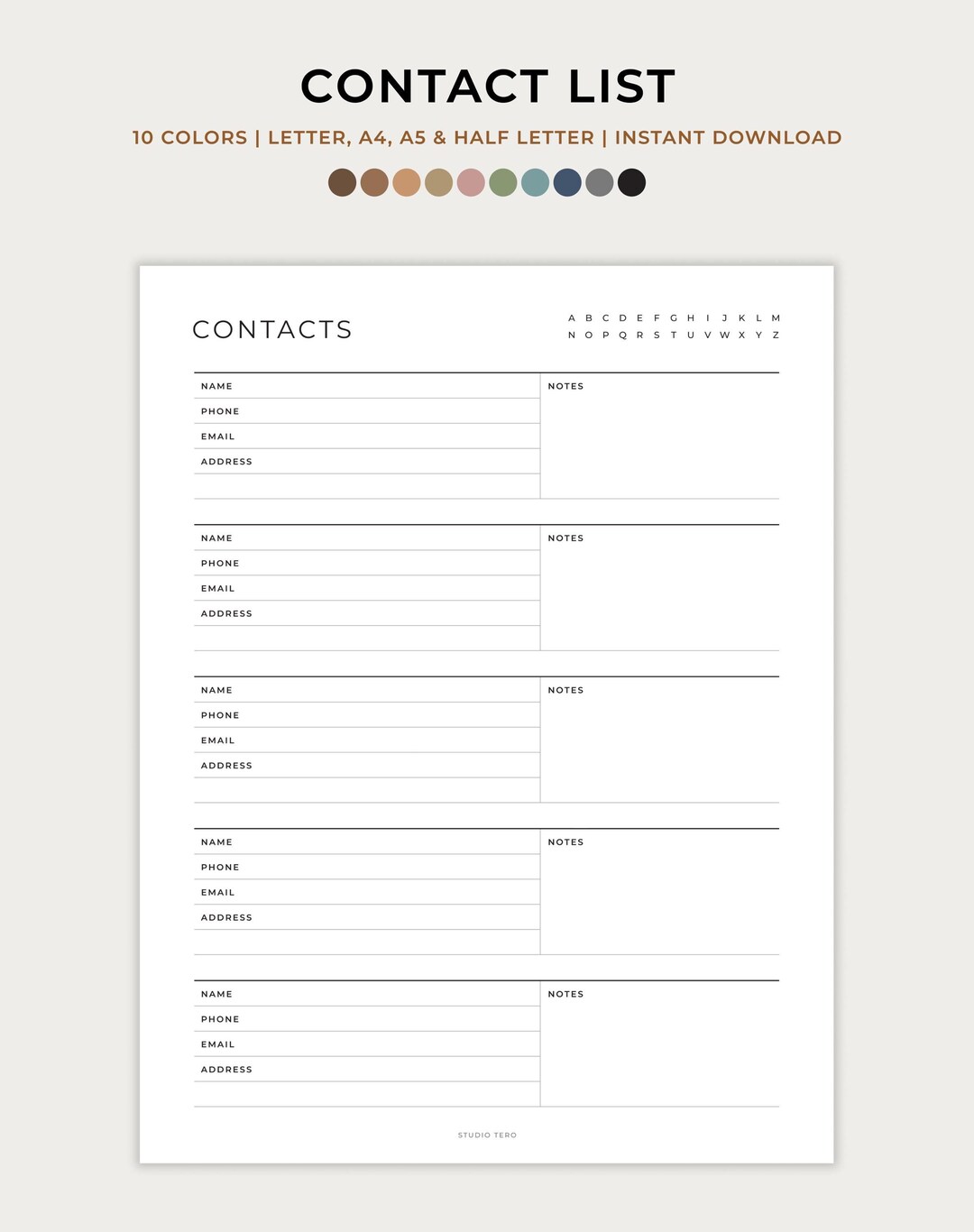 Contacts List Printable, A-Z Address Book, Contact Information, Contact ...