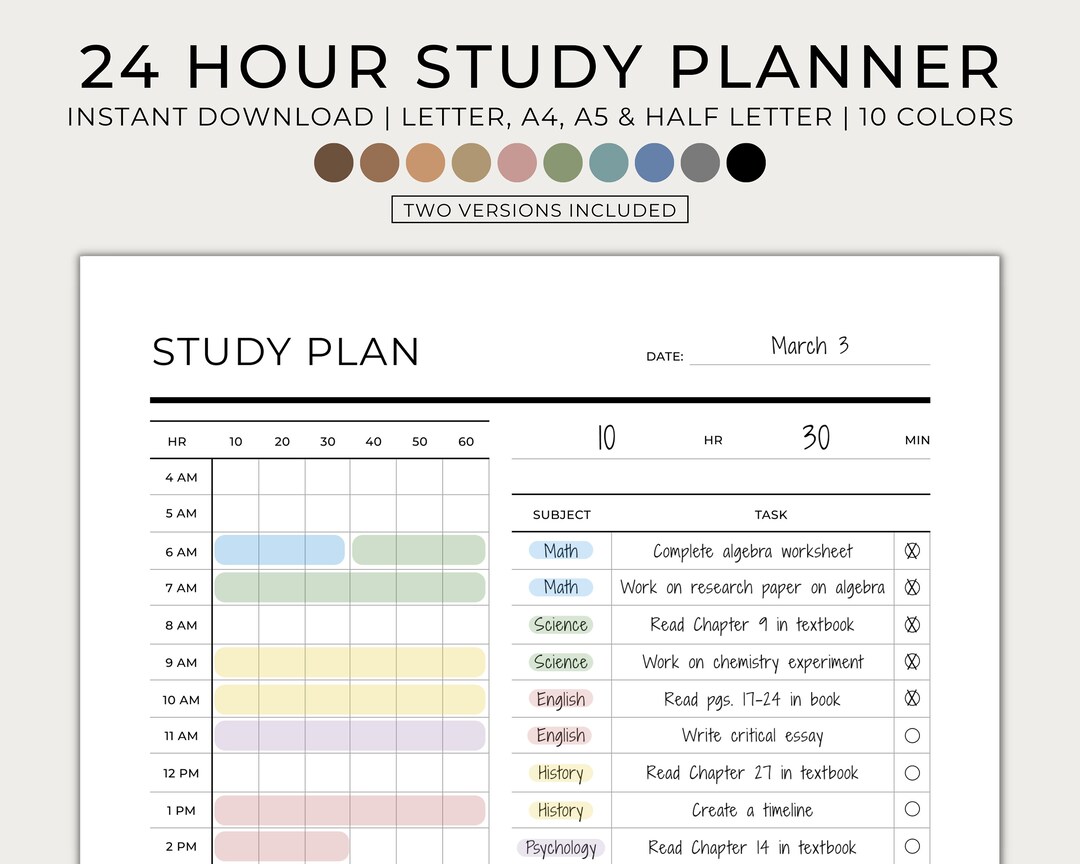 Buy 24 Hour Study Planner, Printable, Minimal, Students, Study Tracker ...