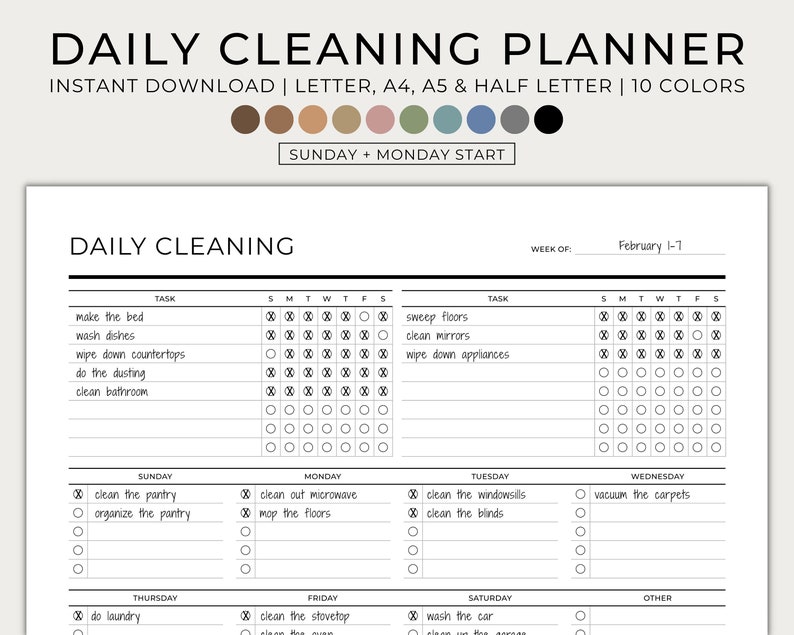 Daily Cleaning Planner Printable Weekly Minimal Etsy