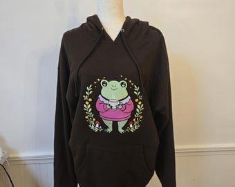 Frog Tea Brown Hooded  Embroidered Sweater Size M
