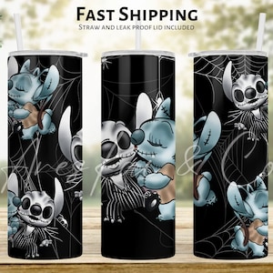 Cute Stitch Jack and Sally Nightmare Cup | gift for her | Custom Travel Cup | Tumbler with Straw | Classic Movie | Coffee Cup | Halloween