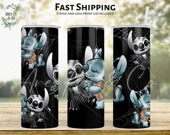 Cute Stitch Jack and Sally Nightmare Cup | gift for her | Custom Travel Cup | Tumbler with Straw | Classic Movie | Coffee Cup | Halloween