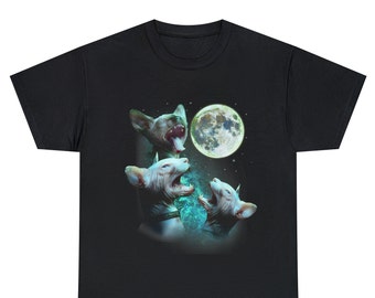 Tres gatos Sphynx sin pelo aúllan a la luna 3 lobos camiseta