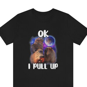 Puede incluir: Camiseta negra con un gráfico de tres capibaras en una galaxia con luna llena. El texto "OK I PULL UP" está impreso en blanco debajo de la imagen.