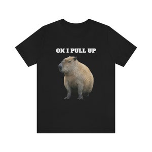 May include: Black t-shirt with a brown capybara and the text "OK I PULL UP" in white.