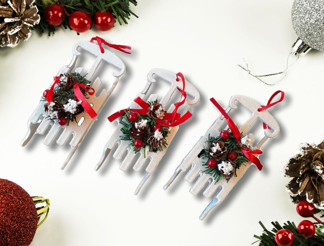 3 Sled White Glitter Christmas Tree Ornaments Appx 4x5 Inches, Holiday