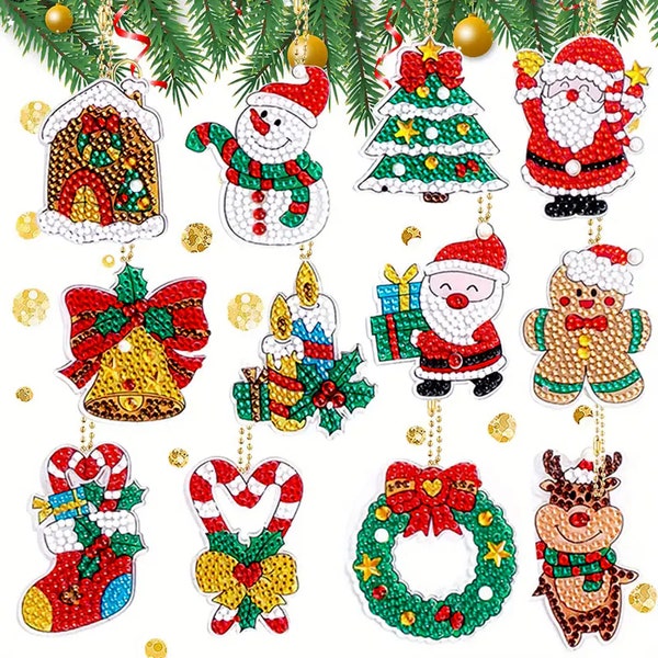 12 pcs Christmas Diamond Painting Christmas Tree Ornaments - Keychains Kit - Rhinestones Decorative Hanging