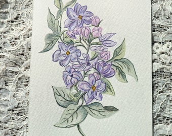 Lilac Watercolor Botanical Painting, Colored Pencil Lilac, 5"x7", Not A Print, Botanical Painting, Floral Painting