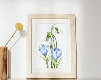 Met de hand geschilderd, originele blauwe krokus aquarel, aquarel sneeuwklokje bloemen, aquarel blauwe krokus print, digitale download schilderij