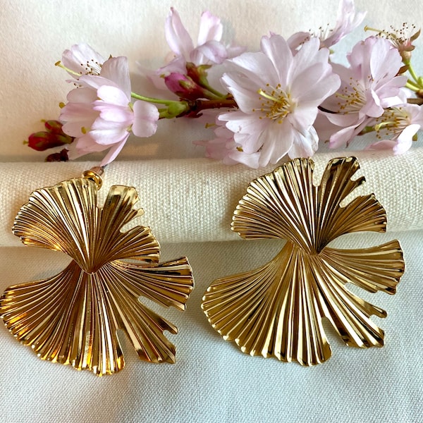 Fine gold gilded gingko leaf earrings, vintage jewelry, boho chic style, women's gift, for her, trendy earrings