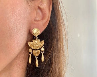 Boucles d’oreilles dorée à l’or fin pendantes,style boho chic sezane ,cadeau femme, bijou pour elle,boucles d oreilles tendance,bijou bohème