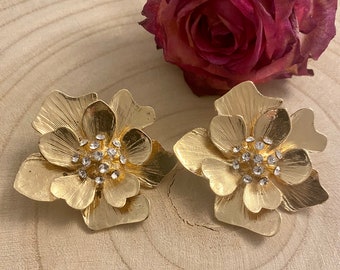 Fine gold golden flower earrings, vintage jewelry, boho and chic style, women's gift, jewelry for her