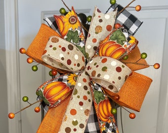 Fall Polka Dot Bow, Buffalo Black White Plaid, Wreath bow, pumpkins  sunflowers, bow for lantern, door hanger, front door bow, fall wedding