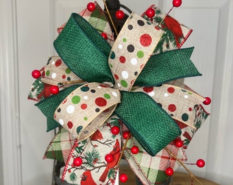 Christmas Winter Bow, Red Cardinals, bow for lantern, Polka Dot, door hanger, house warming gift, Red Berries Green Gold, winter wedding