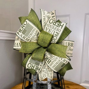 Army Forge Bow, Army Bow, Green and Burlap bow, bow for lantern wreath, door hanger, Army Swag,  military house warming gift, USA Military