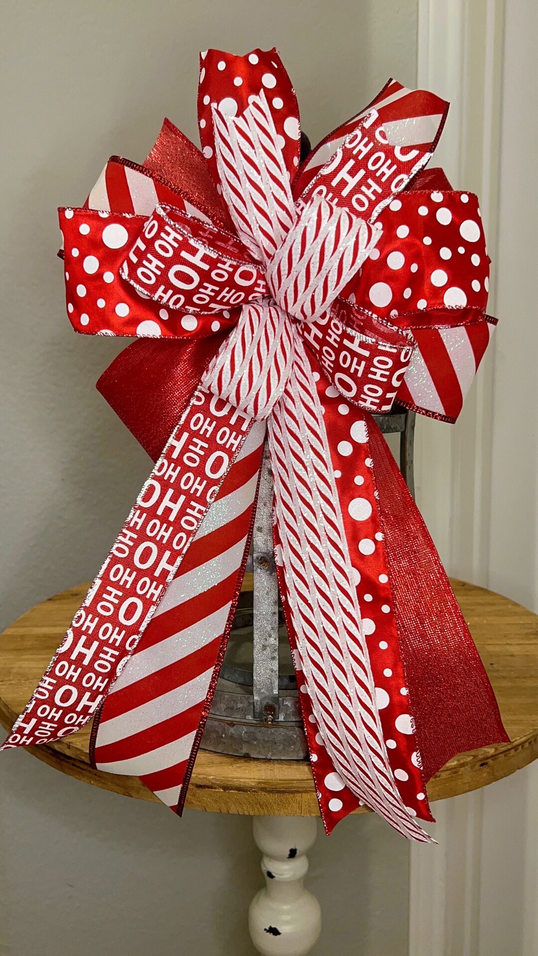 Christmas Bow, Winter Bow, Red and White, Bow for Lantern, Candy Cane, Door Hanger, House
