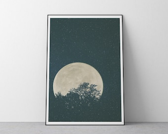 Full Moon Night Sky Art Print, Celestial Wall Decor (Digital Download)