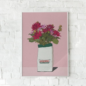 Wild Flower Bouquet in Krispy Kreme Paper Bag, Quirky Wall Art, Unique Art Poster Prints, Uplifting Digital Prints Poster