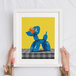 Balloon Dog Poster Floral Art, Poodle with Flower, Blue Metal Dog with Yellow, Pop Art, Quirky Digital Printable Art, Instant Download