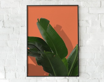 Impresión digital de plantas de hoja de plátano, póster vibrante de arte de pared de plantas tropicales, descarga instantánea de decoración de pared botánica de plantas de aves del paraíso