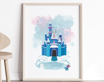 Aquarel Frozen Castle Art Print: prinses kinderkamer decor (digitale kunst)
