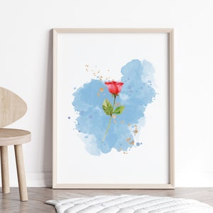 Beauty and the Beast Rose Art Print, Watercolor Wall Art for Girls Room or Nursery, Red Rose, Belle, Digitial Downloadable Art Print