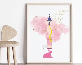 Rapunzel Castle Watercolor Art Print: Princess Nursery Decor (Digital Art)