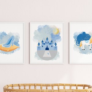 Cinderella Art Print Set of 3, Watercolor Princess Wall Art for Girls Room or Nursery, Princess Castle, Glass Slipper, Instant Digitial Art