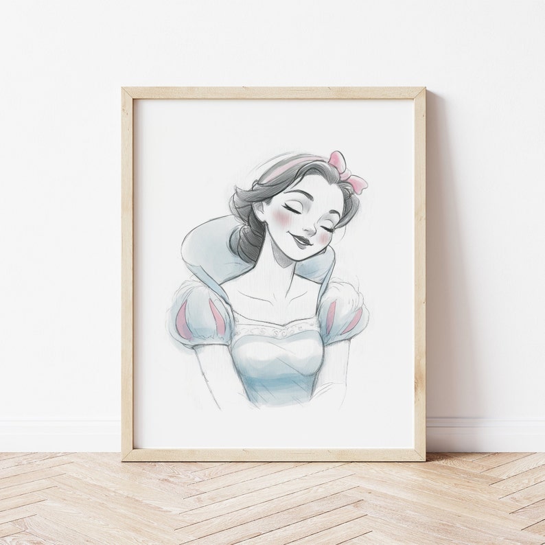 May include: A hand-drawn illustration of Snow White, a Disney princess, with a pink bow in her hair. She is wearing a blue dress with a white collar and puffy sleeves. The illustration is done in a soft, watercolor style.