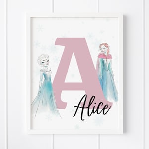 Impresión de nombre personalizado congelado, Elsa personalizado, Anna personalizado, nombre personal de Elsa y Anna e inicial, arte de pared infantil congelado