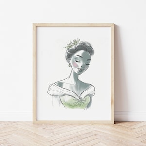 Princess Tiana Art Print, Princess and the Frog Art, Hand Drawn Girls Nursery Art, Watercolor Nursery Art, Princess Art, Sketch Art Portrait
