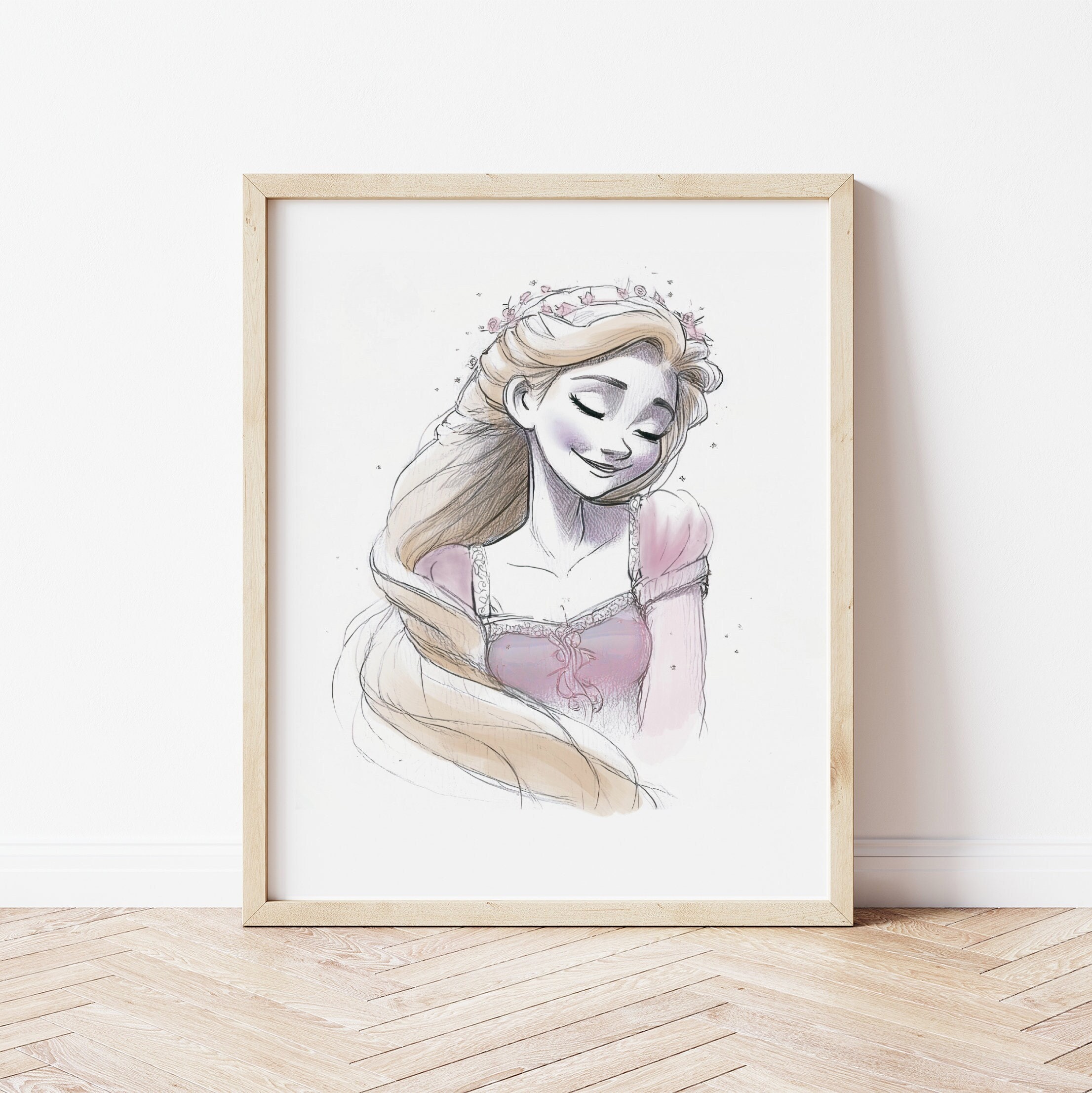 Princess Rapunzel Art Print, Tangled Girls Nursery Art, Watercolor Princess Nursery Art, Princess Art, Minimalist Sketch Art