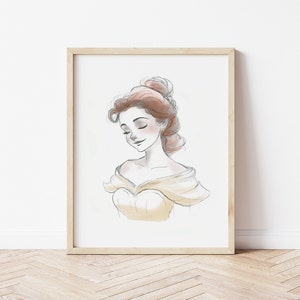 Princess Belle Beauty and the Beast Art Print, Hand Drawn Girls Nursery Art, Watercolor Nursery Art, Princess Art, Belle, Gold Dress