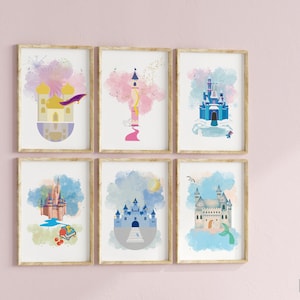 Princess Castle Art Print Set of 6, Watercolor Wall Art Girls Room or Nursery, Aladdin, Cinderella, Rapunzel, Frozen Digital Art