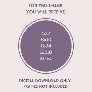 May include: A purple circle with white text listing different print sizes available for digital download: 5x7, 8x10, 11x14, 12x18, and 16x20. The text below the circle reads "DIGITAL DOWNLOAD ONLY. FRAMES NOT INCLUDED."