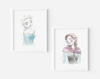 Set de láminas de acuarela de Elsa y Anna: Decoración minimalista para habitación infantil (descarga digital)
