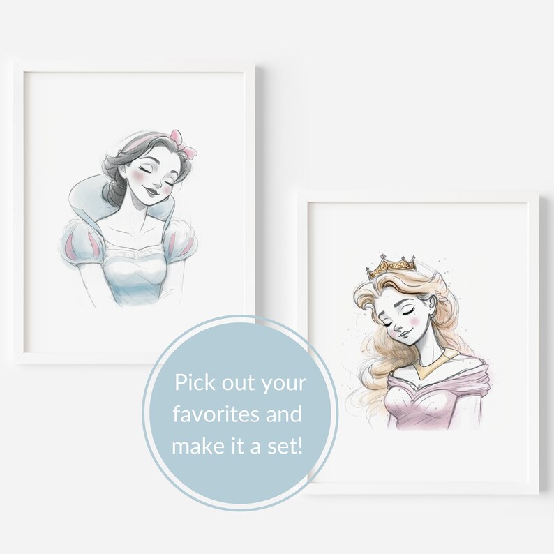 May include: Two framed illustrations of Disney princesses. The first illustration is of Snow White with a pink bow in her hair. The second illustration is of a princess with long blonde hair wearing a crown and a pink dress.