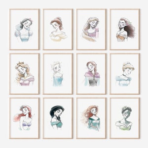 Watercolor Princess Art Print, Instant Download, Set of 12, Girls Nursery Art, Princess Art, Belle, Cinderella, Frozen Elsa, Ariel & more