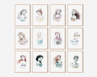 Watercolor Princess Art Print, Instant Download, Set of 12, Girls Nursery Art, Princess Art, Belle, Cinderella, Frozen Elsa, Ariel & more