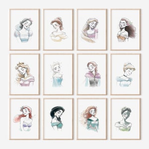 May include: A set of 10 printable illustrations of Disney princesses. Each princess is depicted in a watercolor style with a soft, dreamy aesthetic. The princesses include Snow White, Belle, Rapunzel, Pocahontas, Aurora, Elsa, Anna, Cinderella, Ariel, and Jasmine.
