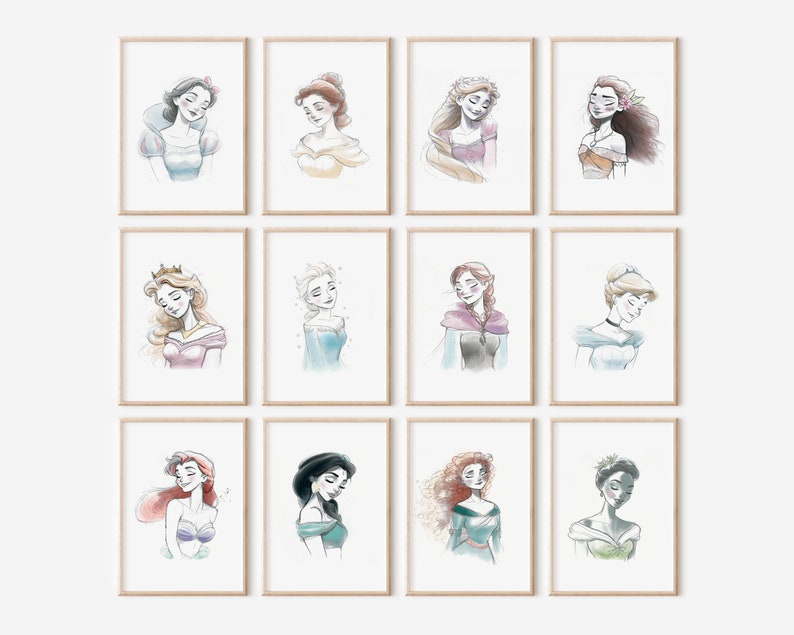 May include: A set of 10 printable illustrations of Disney princesses. Each princess is depicted in a watercolor style with a soft, dreamy aesthetic. The princesses include Snow White, Belle, Rapunzel, Pocahontas, Aurora, Elsa, Anna, Cinderella, Ariel, and Jasmine.